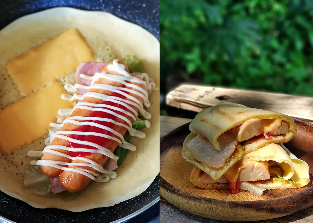 咸味的餡料例如加入香腸,培根,生菜,美乃滋,芝士片當成主食